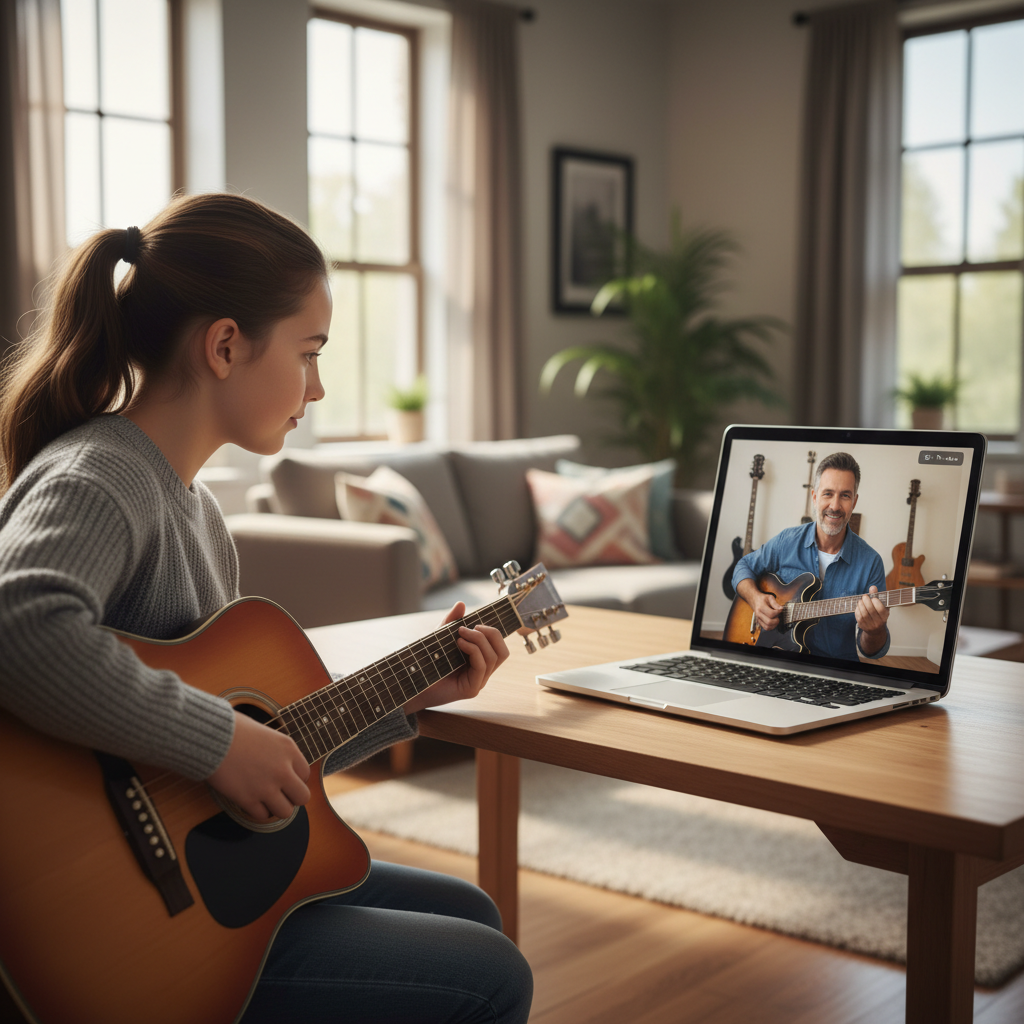Онлайн урок гитары: ученик и преподаватель
